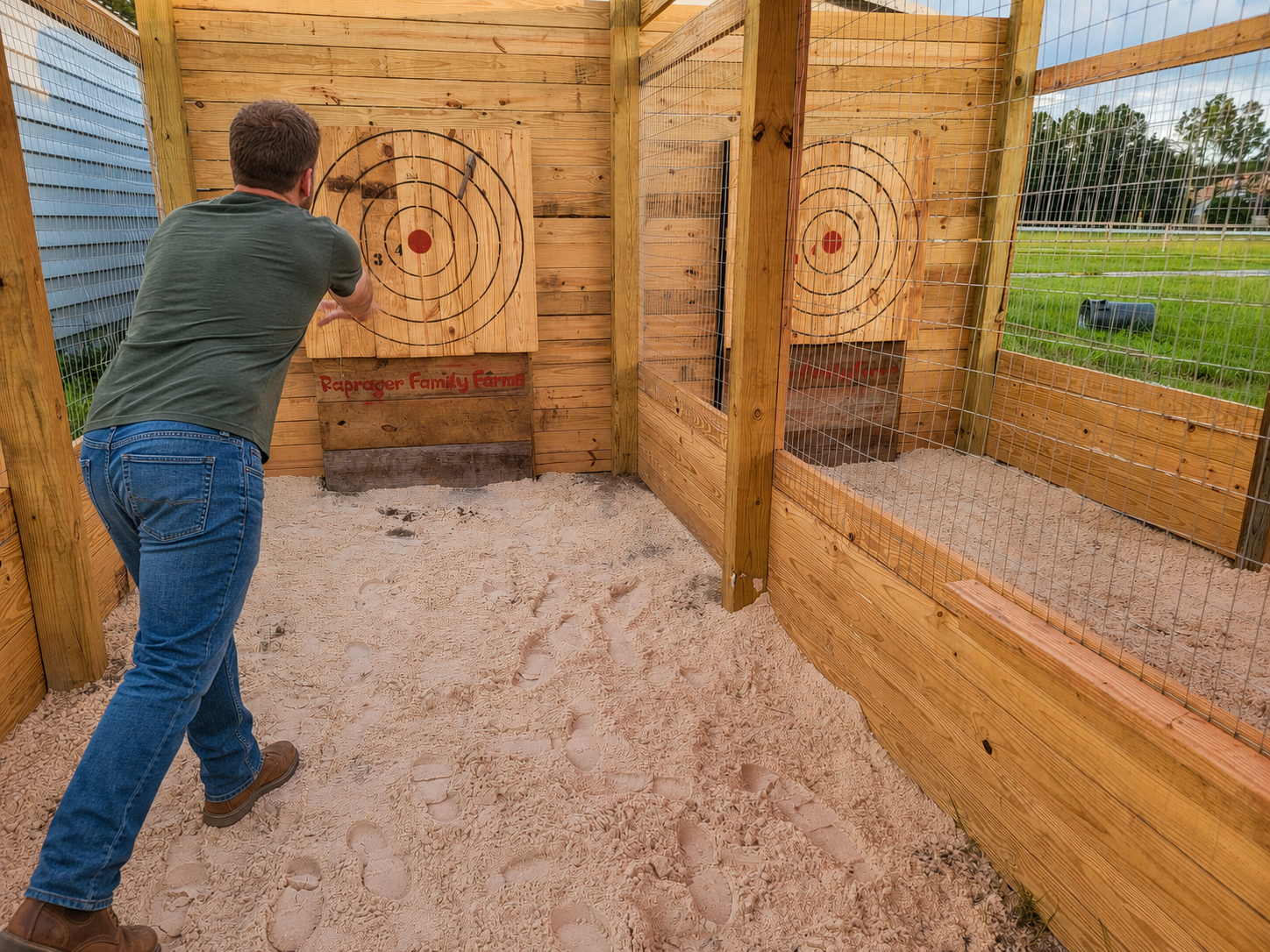Adult participant safely throwing an axe toward a wooden target at Raprager Farms