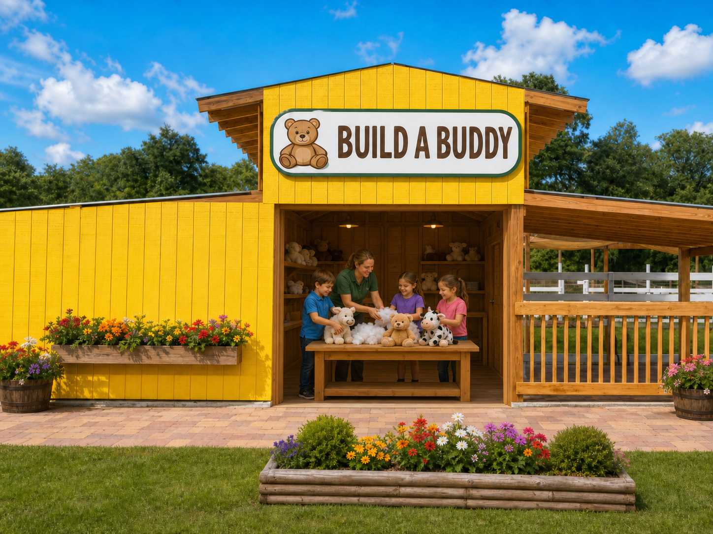 Children stuffing plush farm animals with an employee at Build A Buddy