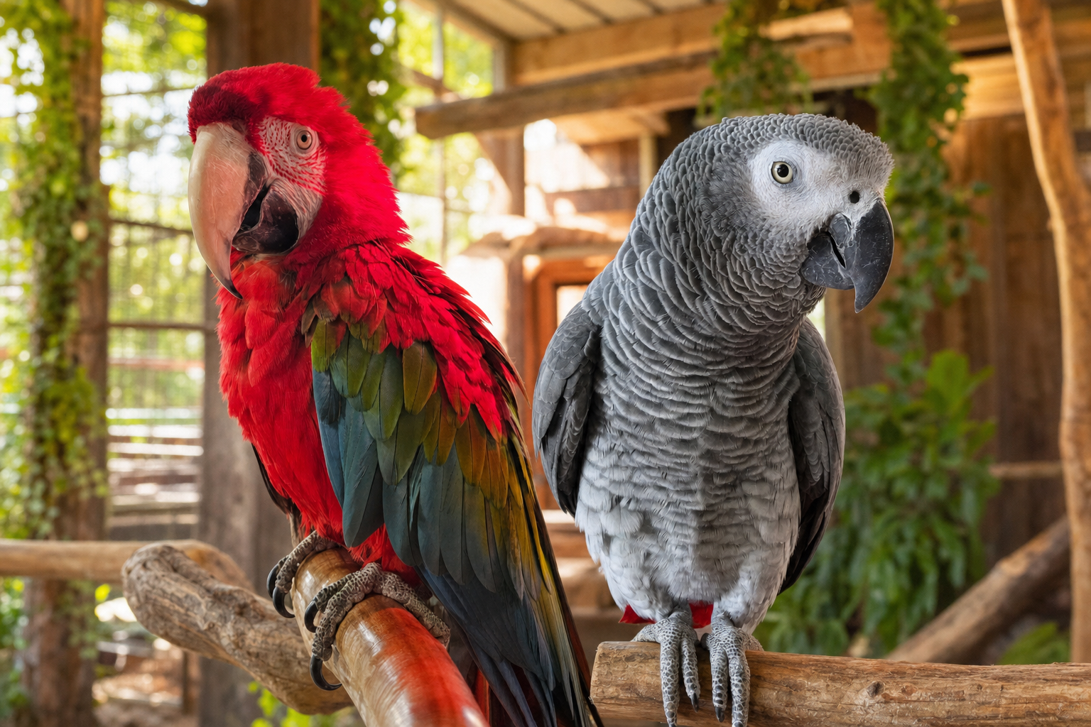 A red macaw and African grey parrot at Raprager Farms