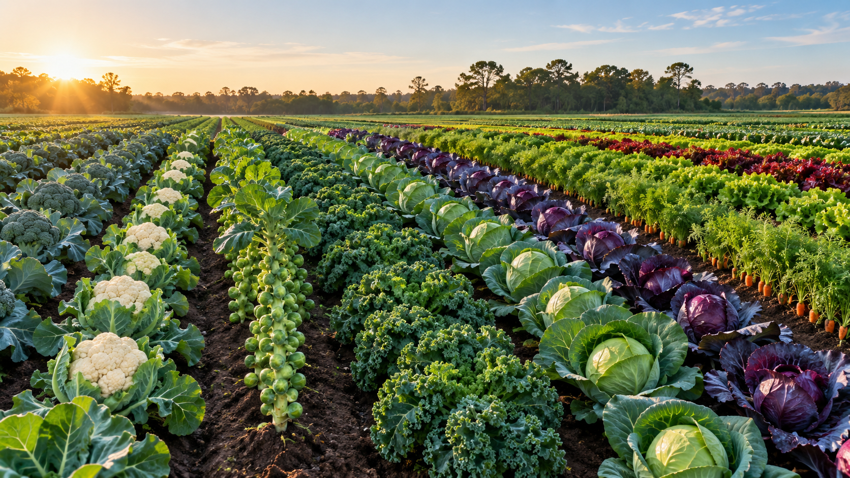 Rows of broccoli, cauliflower, Brussels sprouts, kale, cabbage, carrots, and lettuce growing on the farm