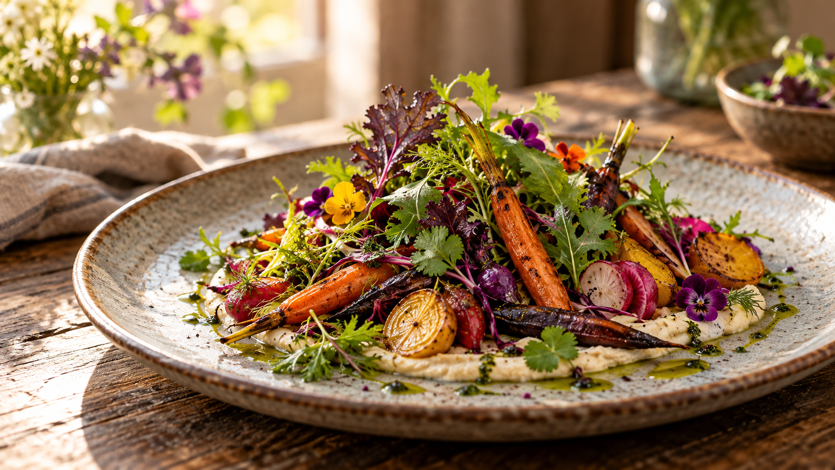 An elegant farm-to-table plate with roasted vegetables, microgreens, herbs, and edible flowers