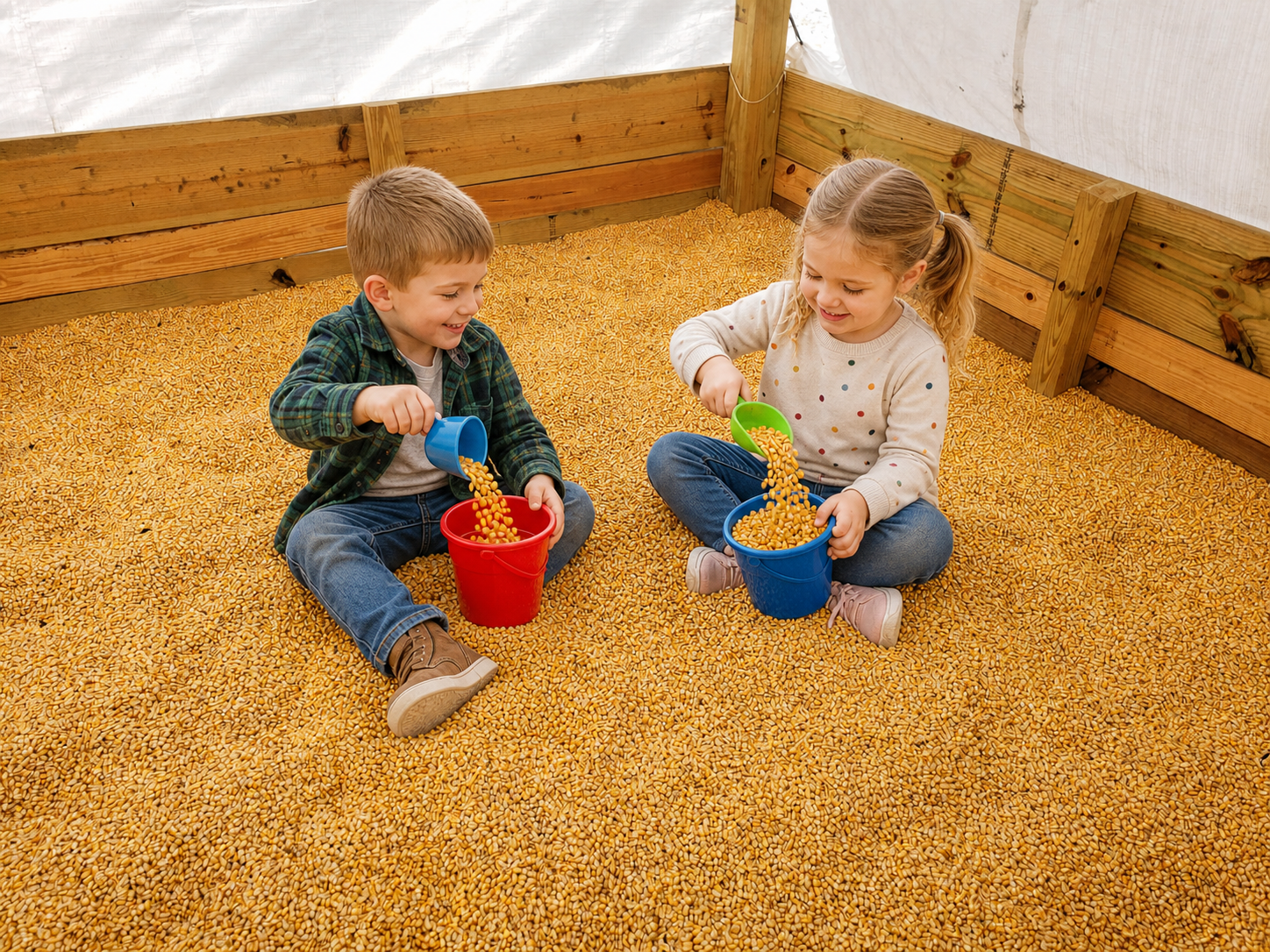 Two young children scooping and pouring corn in the Raprager Farms Corn Pit
