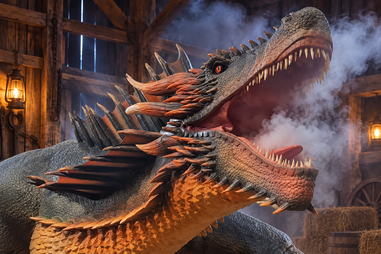 Full-sized animatronic dragon inside the Spooky Barn