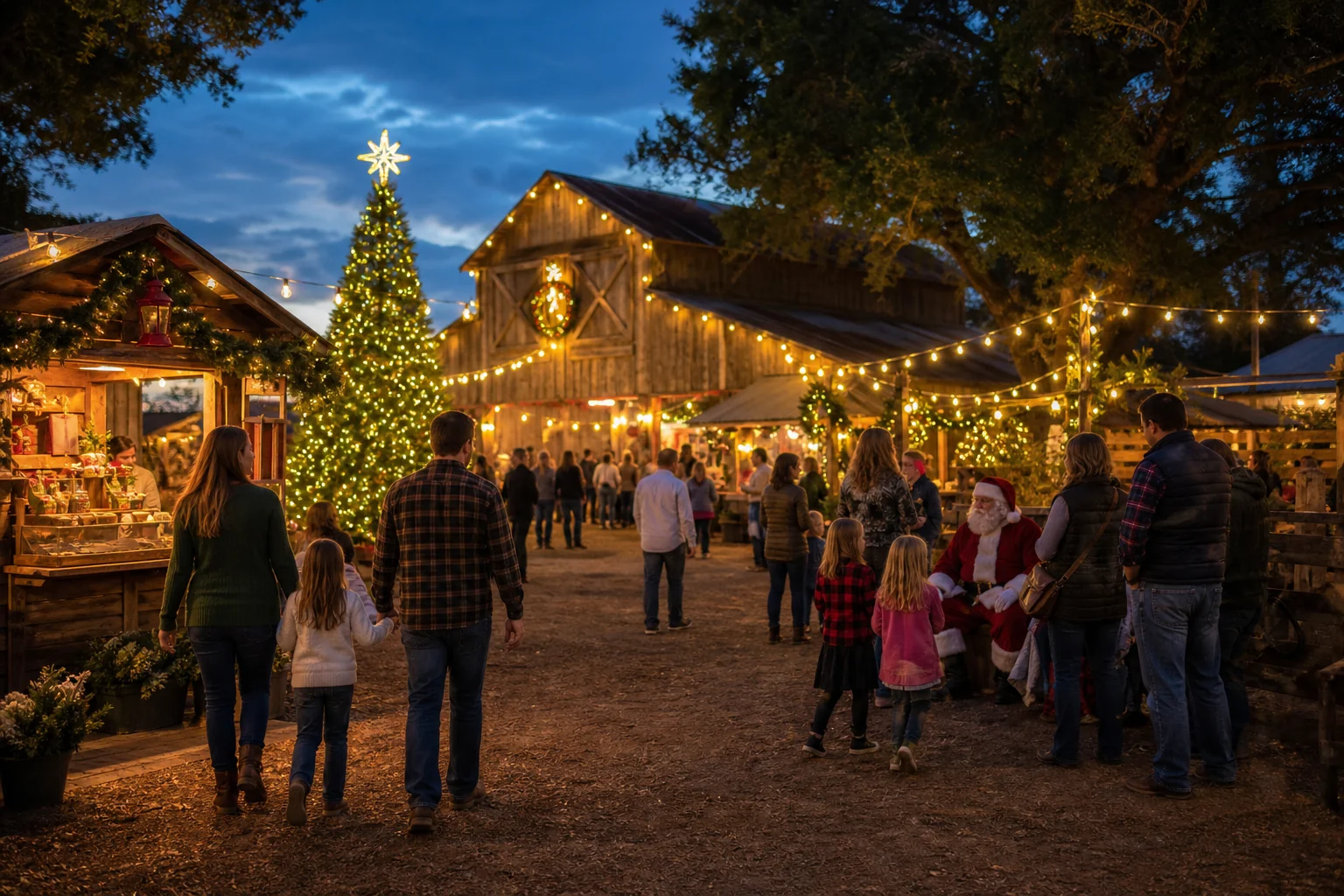 Christmas lights and families at the farm
