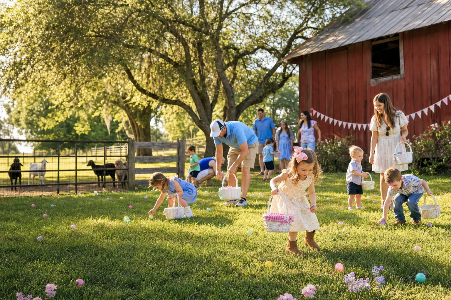 Families enjoying an Easter egg hunt at the farm