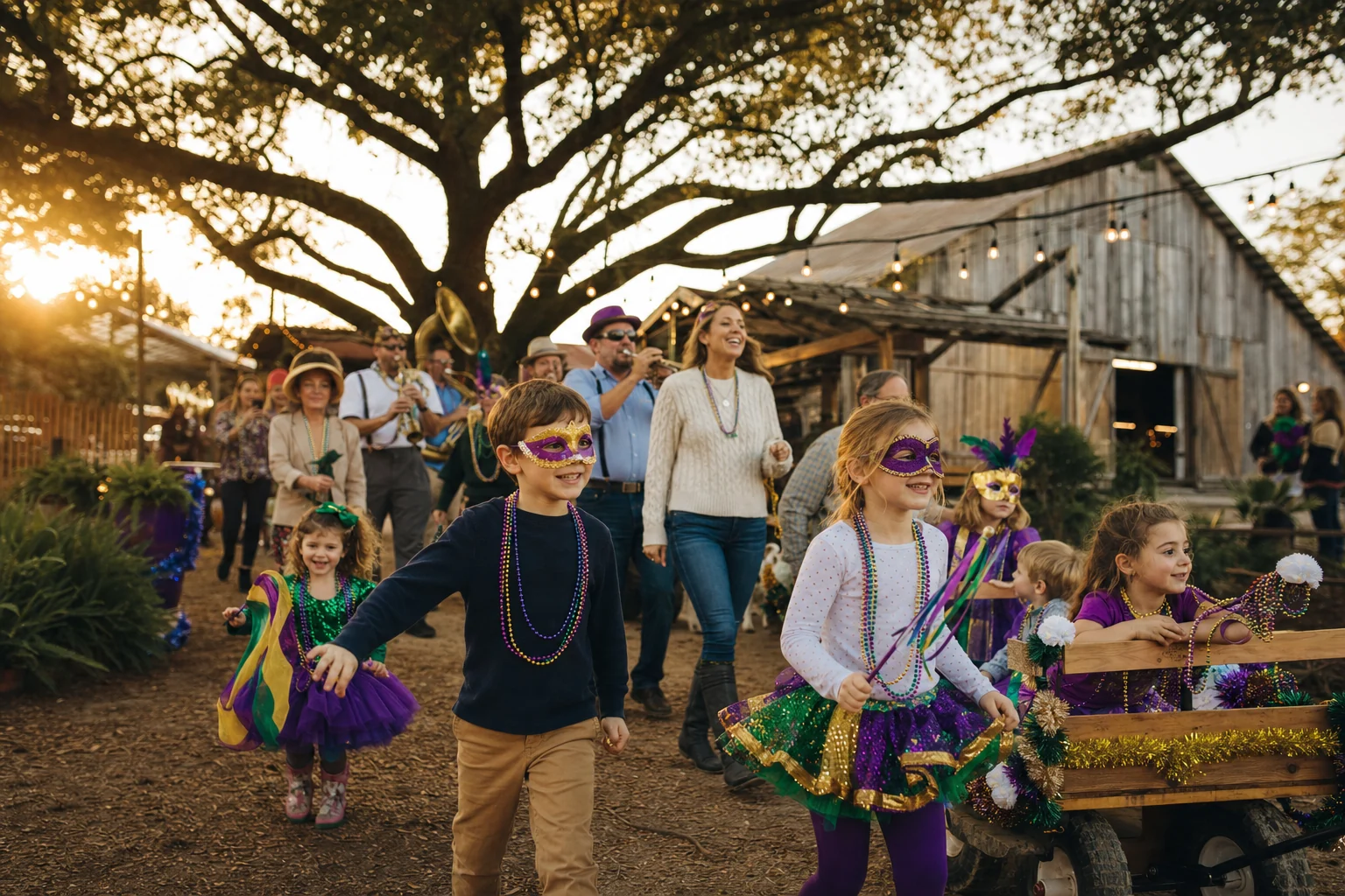 Families enjoying a Mardi Gras parade at a rustic farm