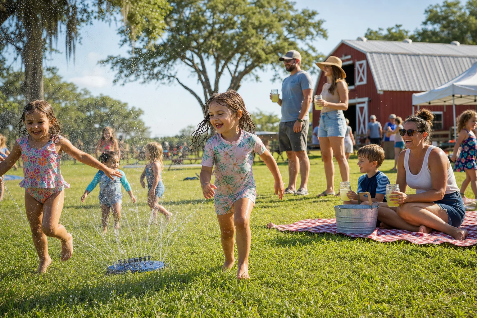 Children enjoying sprinklers during a summer farm day