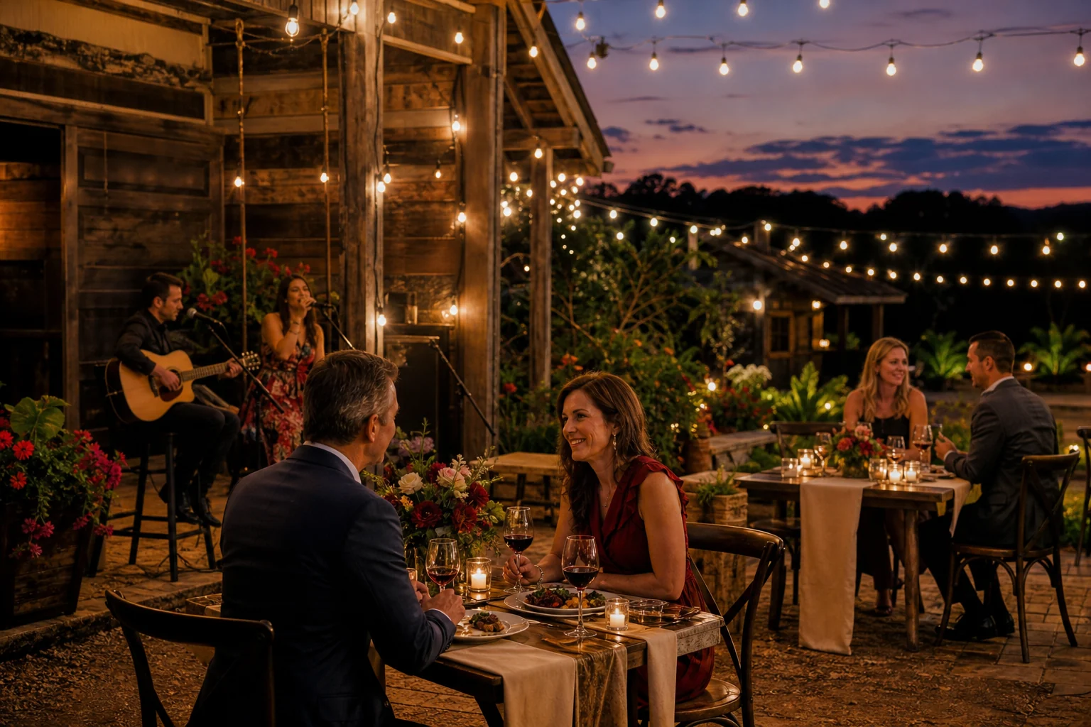 Couples enjoying a candlelit farm dinner at twilight