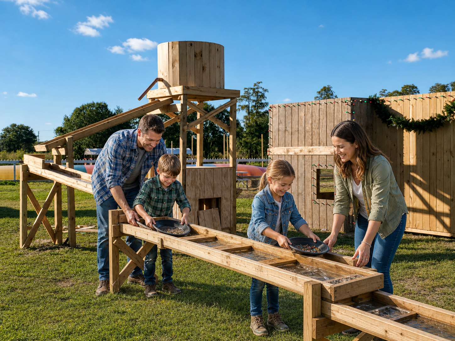 Family enjoying the Gem Mining sluice tables at Raprager Farms
