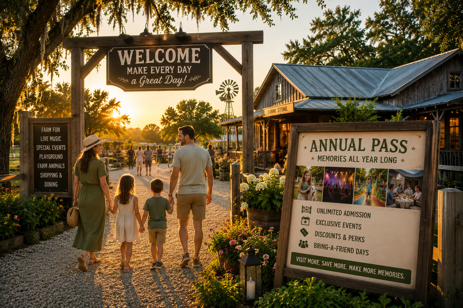 Family entering Raprager Farms with annual pass information