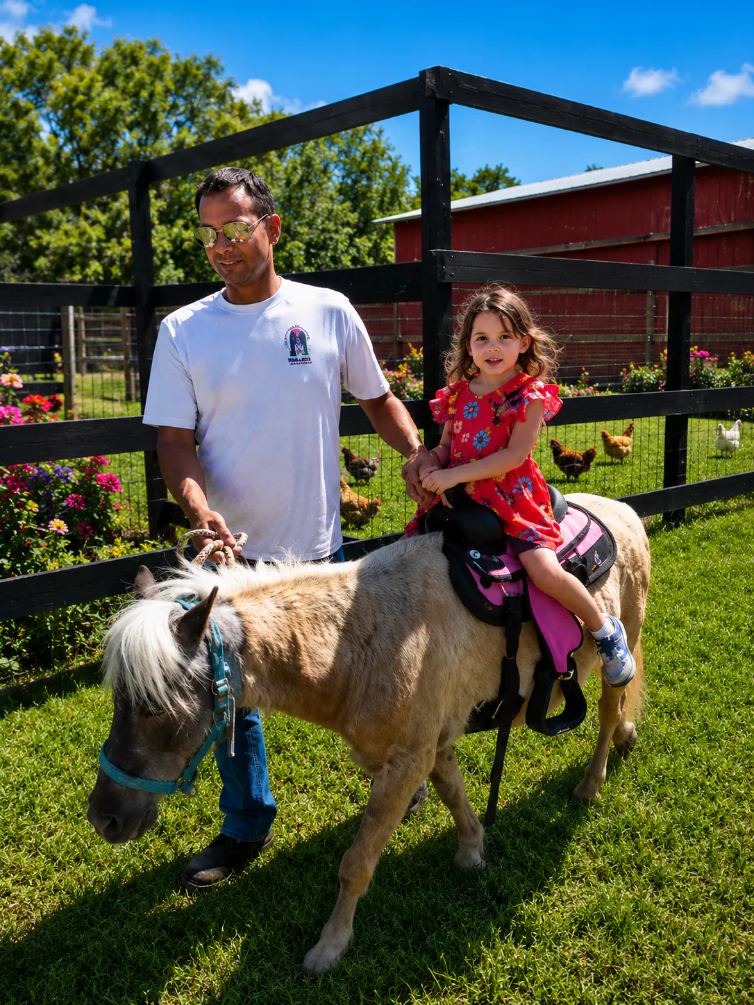 A child enjoying a pony ride at Raprager Farms
