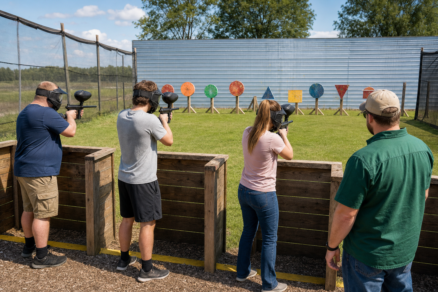 Guests safely shooting paintball markers at targets in front of a metal backstop wall