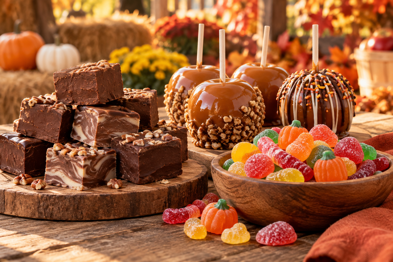 Fudge, caramel apples, and gummy treats available in Farmville