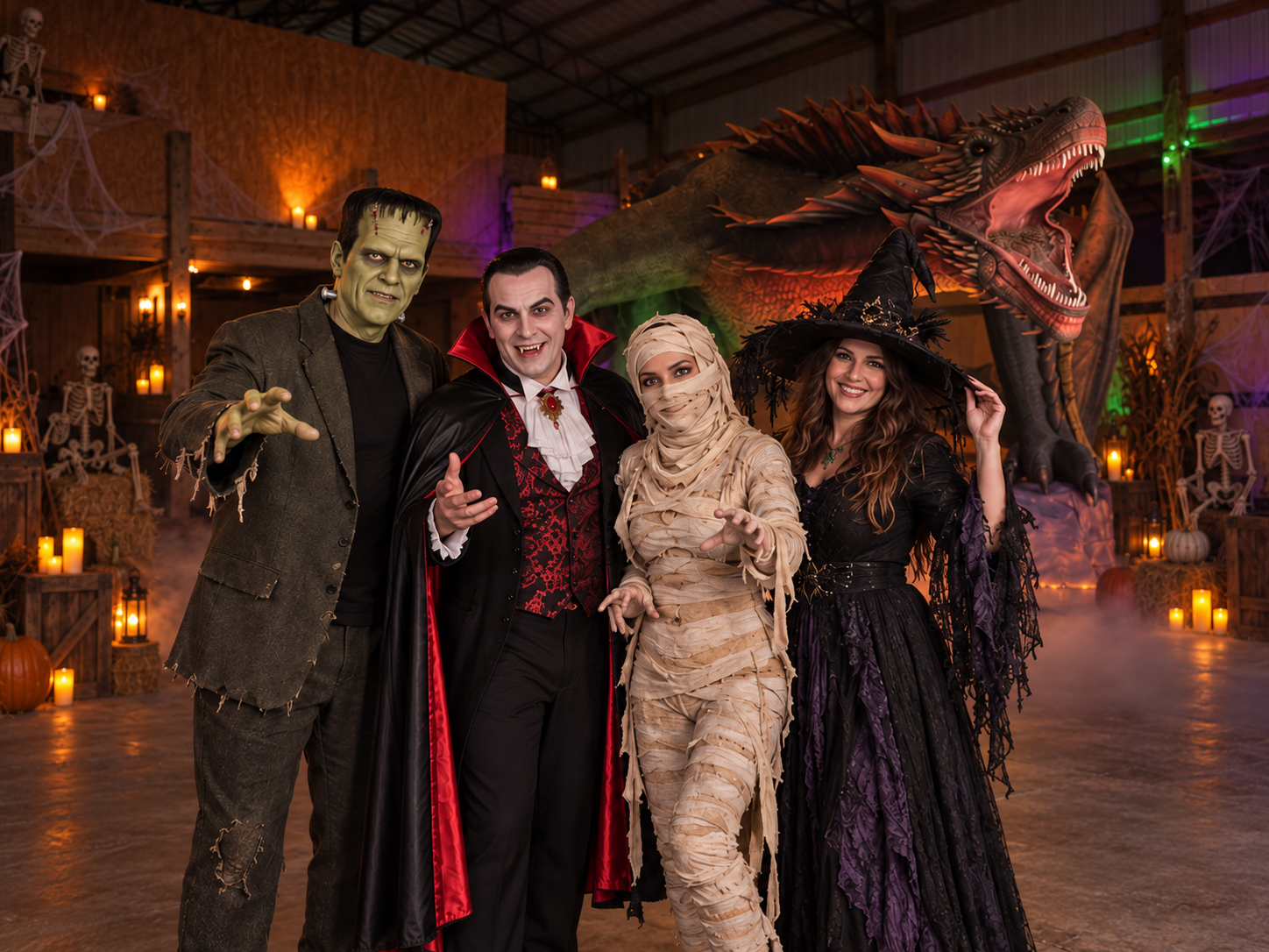 Costumed classic monsters posing inside the Spooky Barn with the animatronic dragon