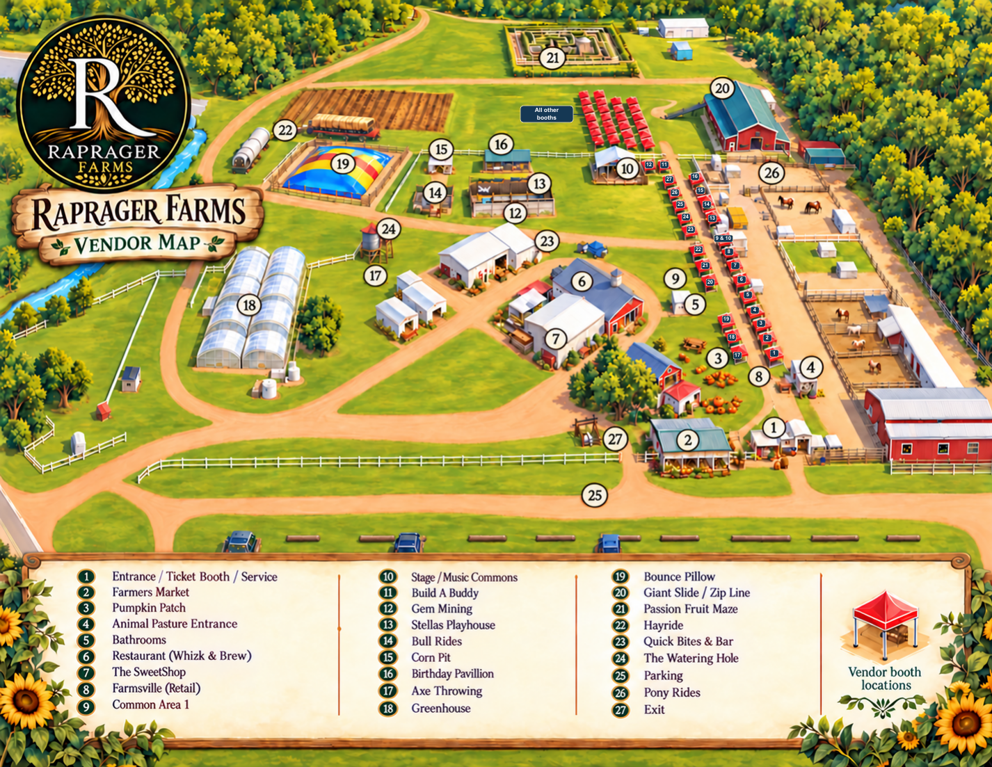Raprager Farms vendor map showing numbered farm attractions and vendor booth locations highlighted in red