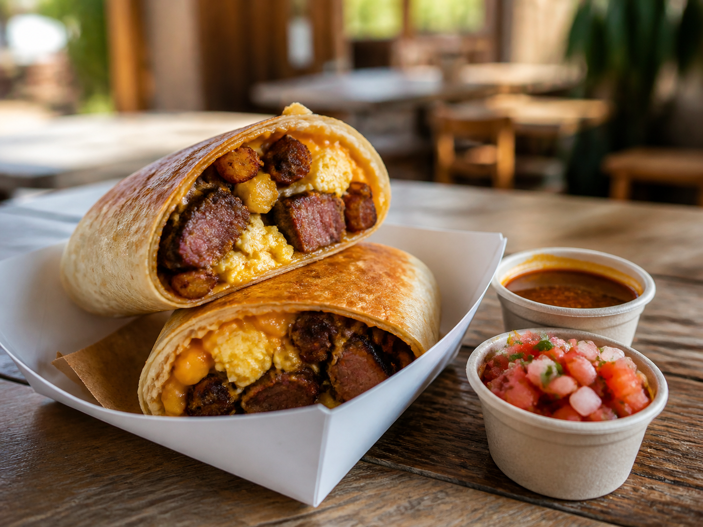 Birria Brisket Burrito with smoky chile broth and fresh pico de gallo
