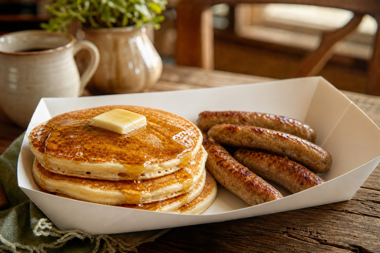 Zoey's Pancakes with chicken sausage and maple syrup in a white paper food boat