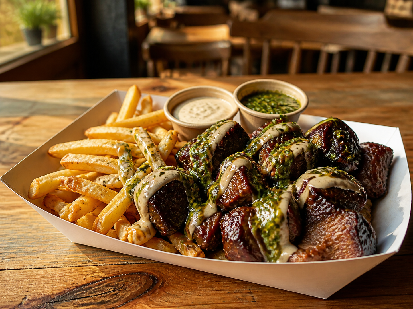 Brisket and Frites with peppercorn sauce and chimichurri