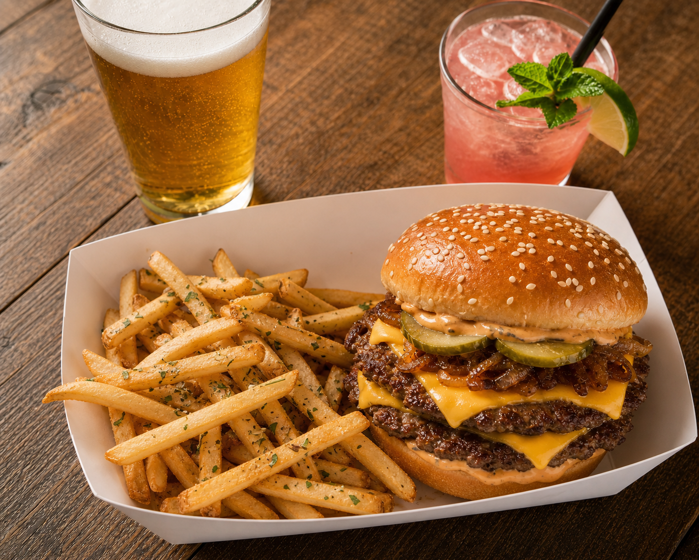 Whizk and Brew Smashburger with rosemary-salt fries in a white paper food boat