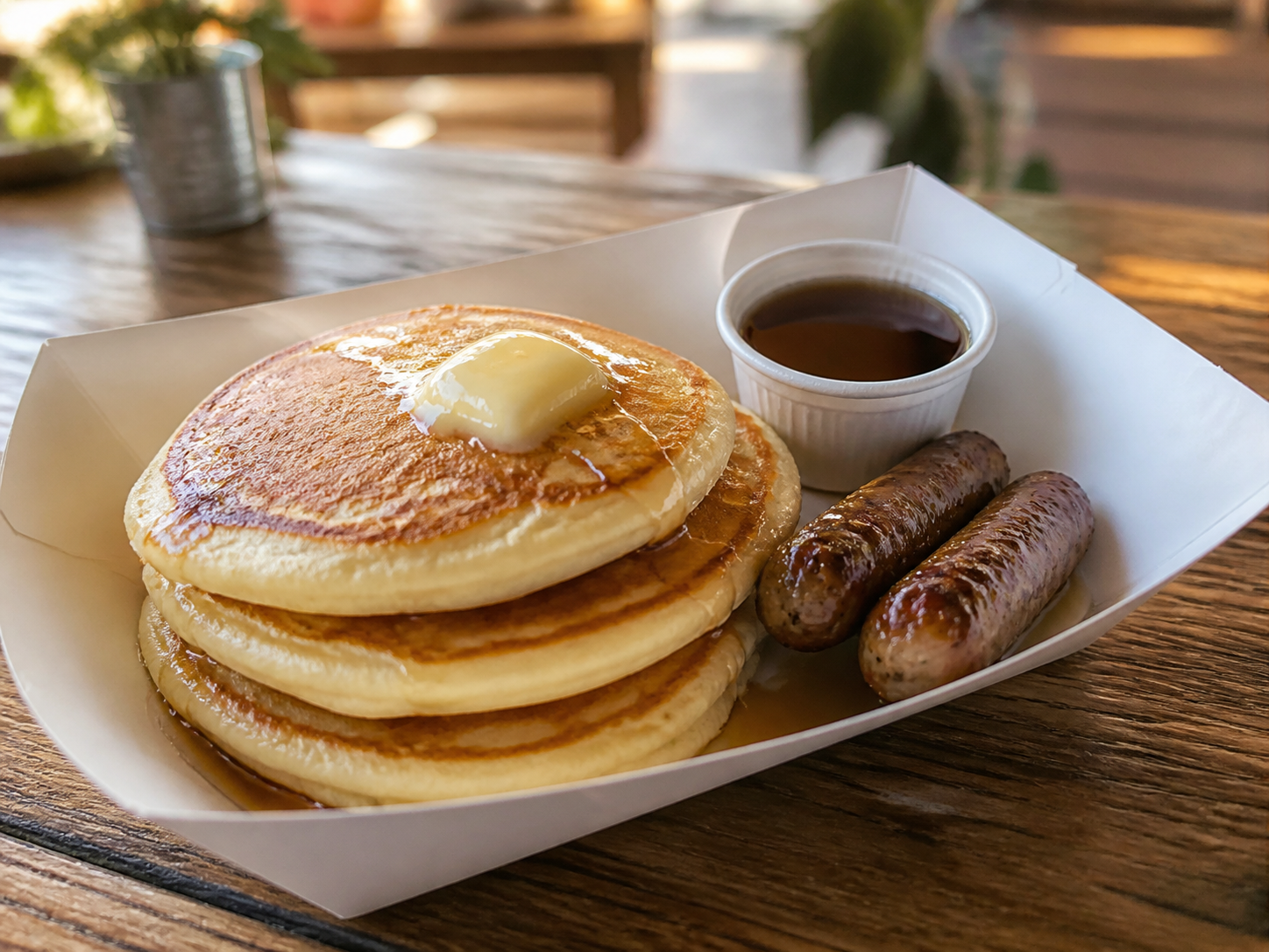 Zoey's Pancakes with chicken sausage and pure maple syrup